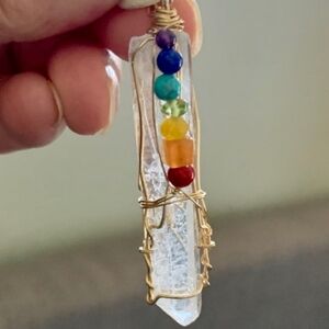 Natural Quartz Crystal with 7 Chakras wrapped with 14K gold Amulet